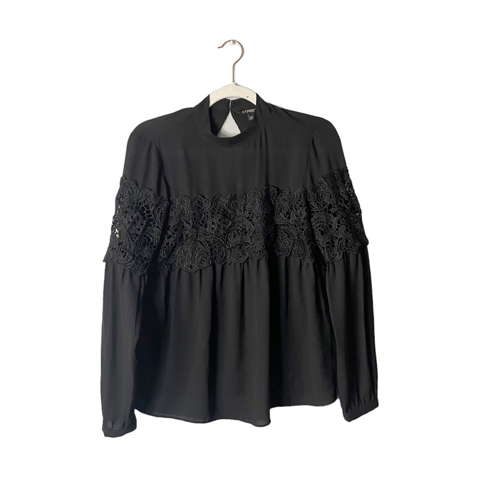 Express Mock Neck Business Casual Sheer Floral Lace/Crochet Accent Blouse XS